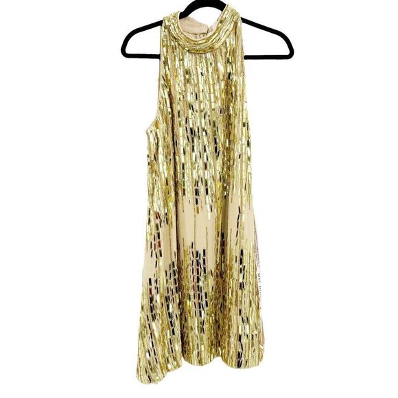 Mac Duggal High Neck Sleeveless Sequin Swing Mini Dress Nude Gold Size M NWT - Picture 13 of 13